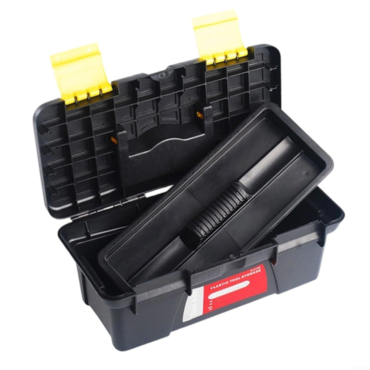10 Inch Plastic Toolbox with Dual Layer Organization and Secure Latch, Black M1088