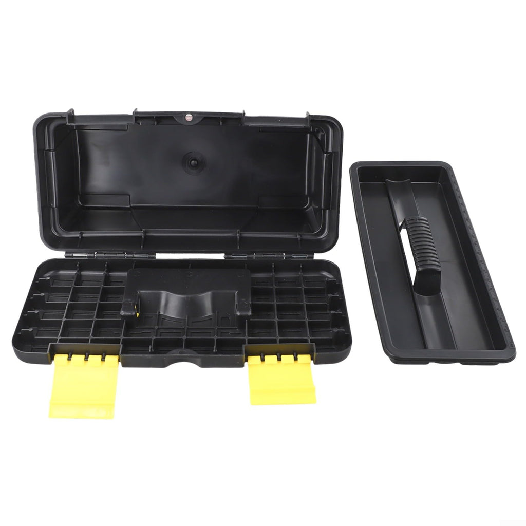 10 Inch Plastic Toolbox with Dual Layer Organization and Secure Latch, Black M1088