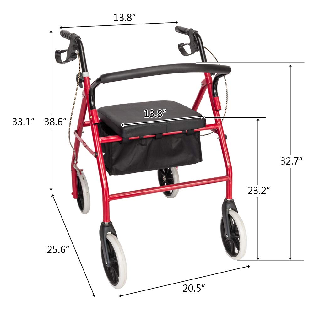 Rollator Walker with Seat, 8-inch Wheels, Black & Red C807