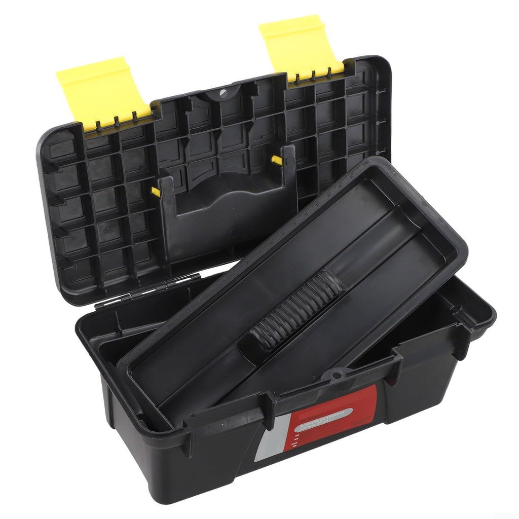 10 Inch Plastic Toolbox with Dual Layer Organization and Secure Latch, Black M1088
