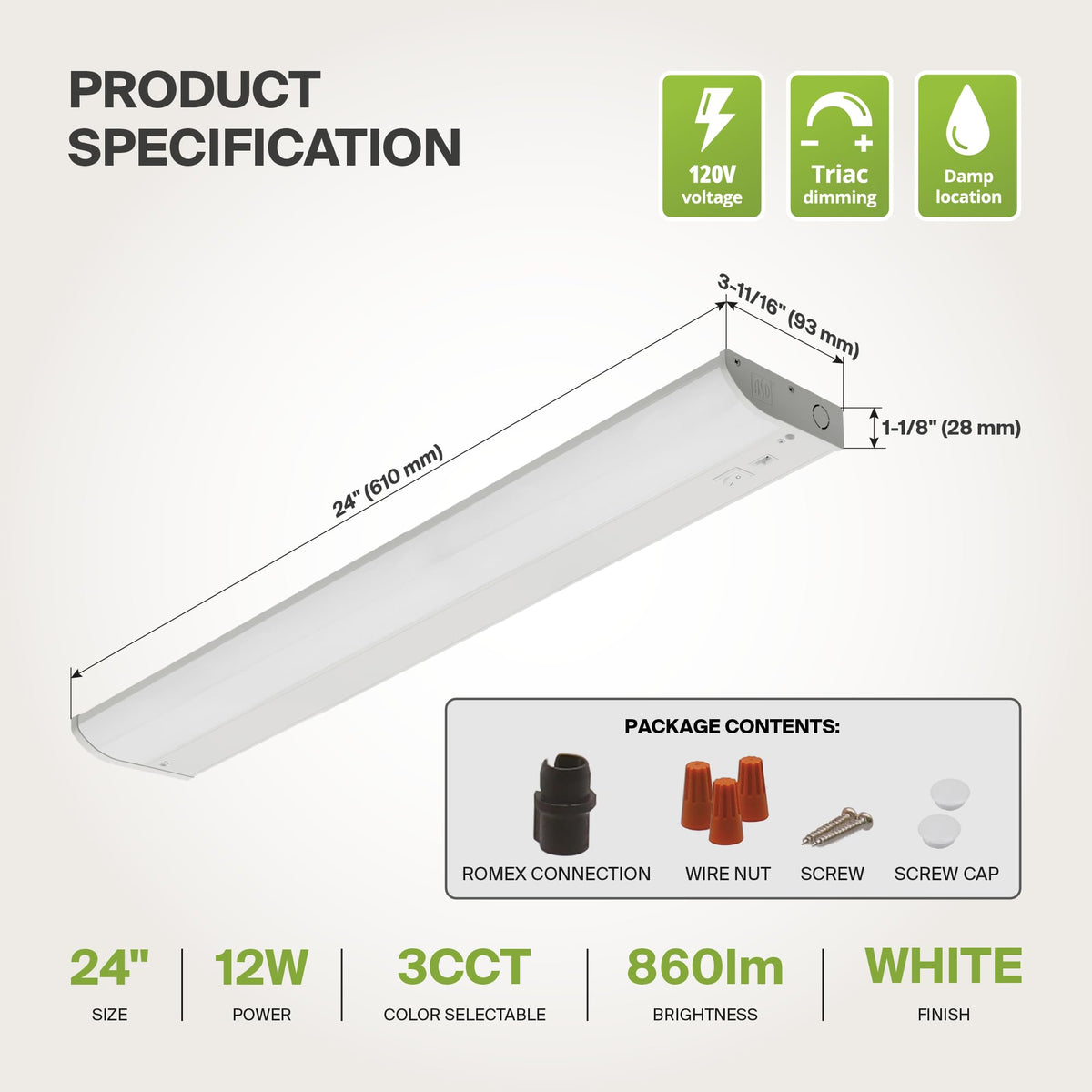 24 inch 12W Dimmable LED Under Cabinet Lighting Y14671