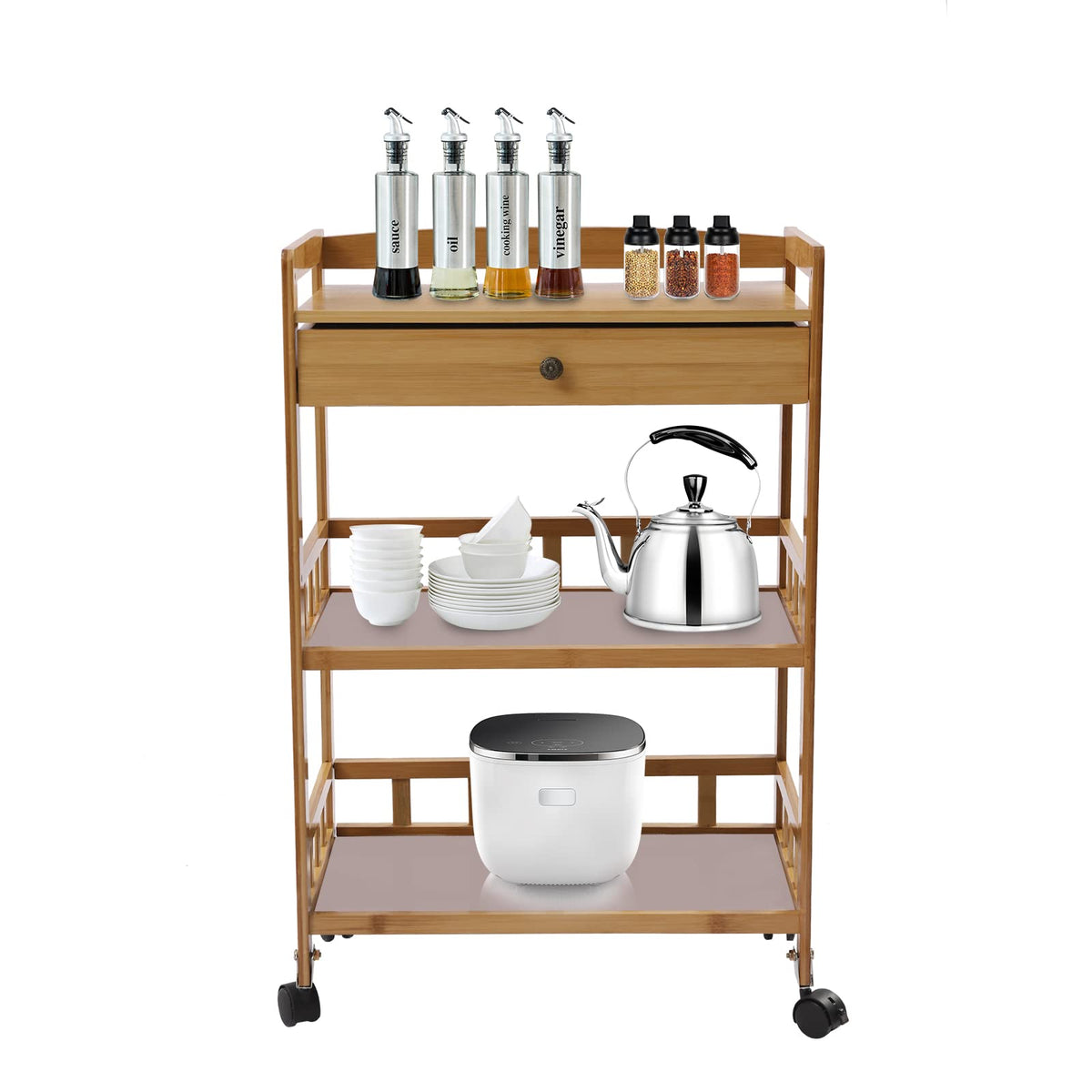3-Tier Bamboo Rolling Kitchen Cart with Drawer B40749