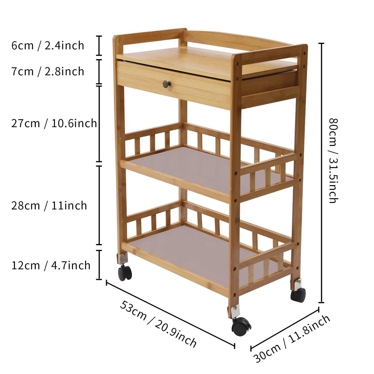 3-Tier Bamboo Rolling Kitchen Cart with Drawer B40749