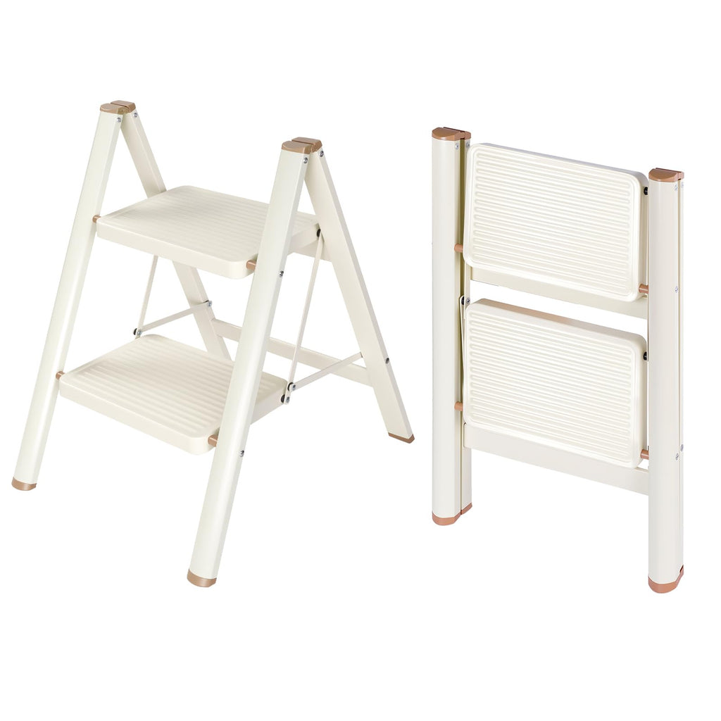2 Step Ladder Folding Step Stool with Anti-Slip Pedal 330LBS Capacity Cream White A566152