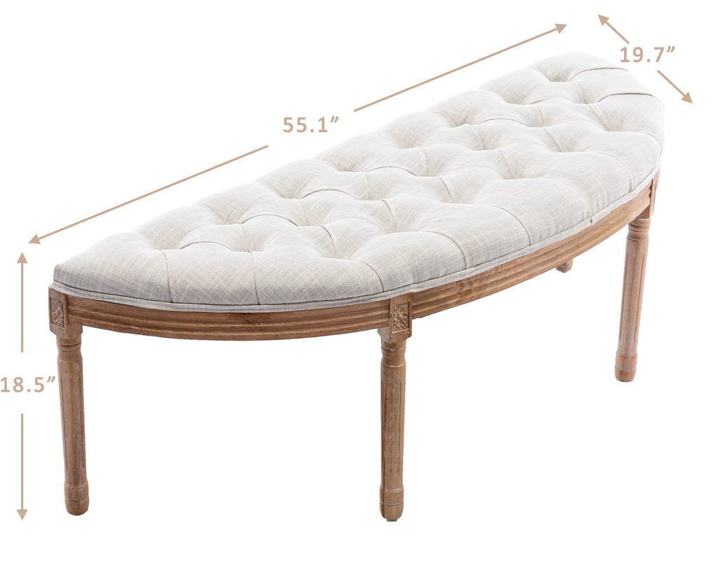 55" Upholstered Tufted Fabric Bench with Rubber Wood Legs, Beige U725