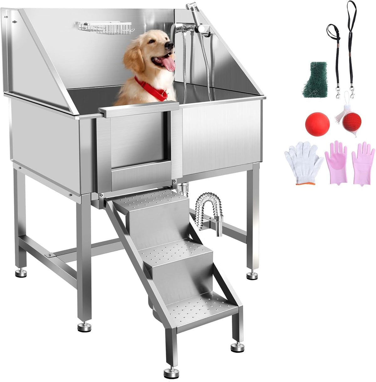 38" Stainless Steel Dog Grooming Tub with Anti-Slip Stairs I240