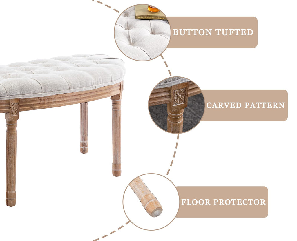 55" Upholstered Tufted Fabric Bench with Rubber Wood Legs, Beige U725