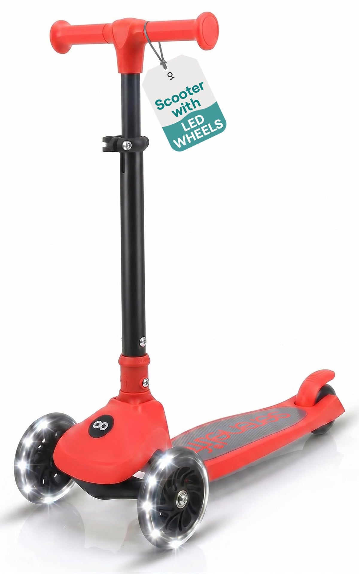 Foldable 3 Wheel Scooter with LED Wheels, Adjustable Handlebar, Red E407