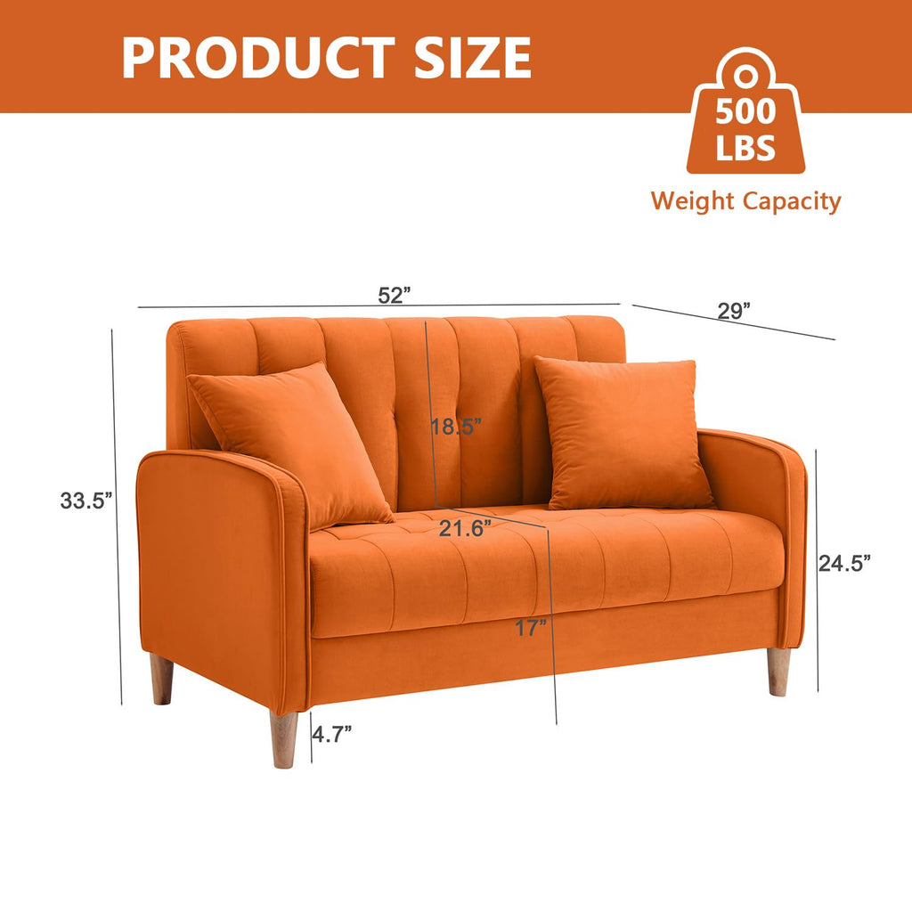 52" Orange Velvet 2 Seater Sofa with 2 Pillows A320887