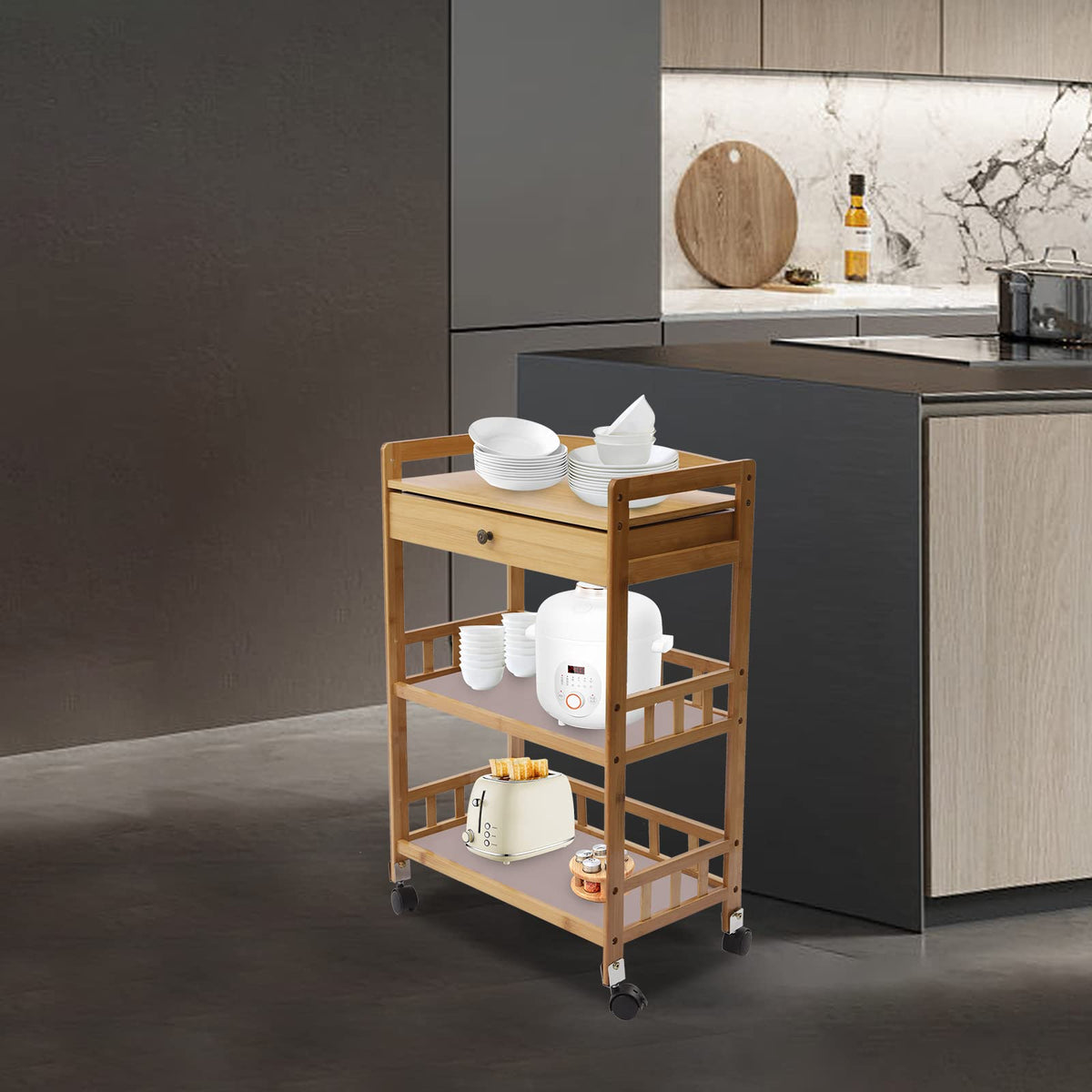 3-Tier Bamboo Rolling Kitchen Cart with Drawer B40749