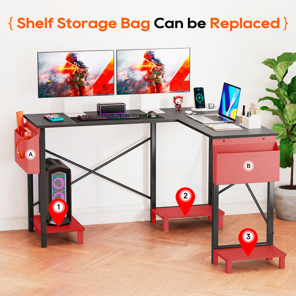 50 Inch Black L-Shaped Desk with Side Storage Bag & CPU Stand H405803