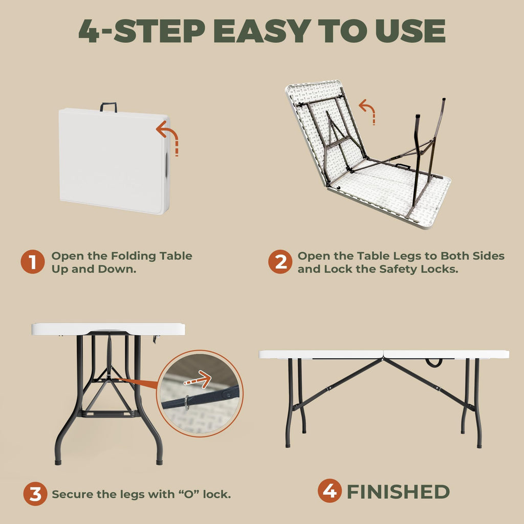 6FT Folding Table with Carry Handle, White, 1 Pack E90782