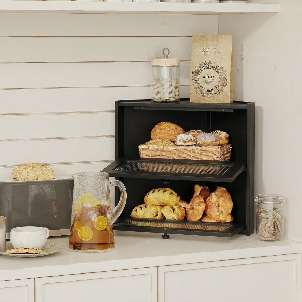 Double Layer Bamboo Bread Box with Wavy Windows A504