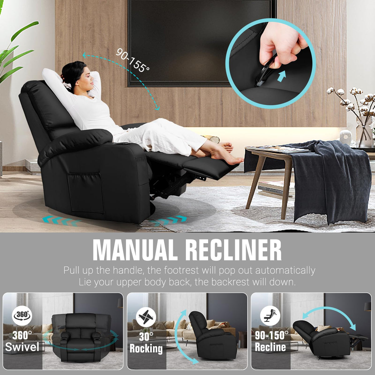 Black Faux Leather Massage Rocking Recliner Chair O885