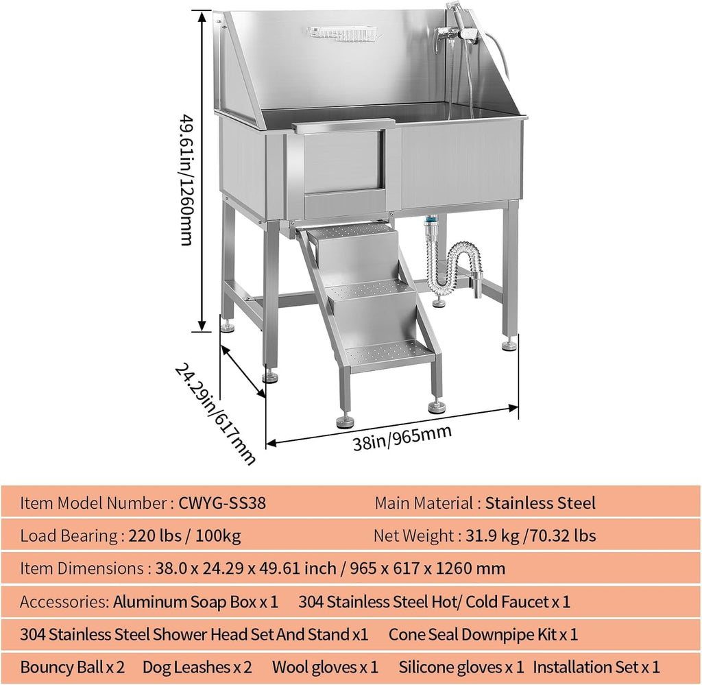 38" Stainless Steel Dog Grooming Tub with Anti-Slip Stairs I240