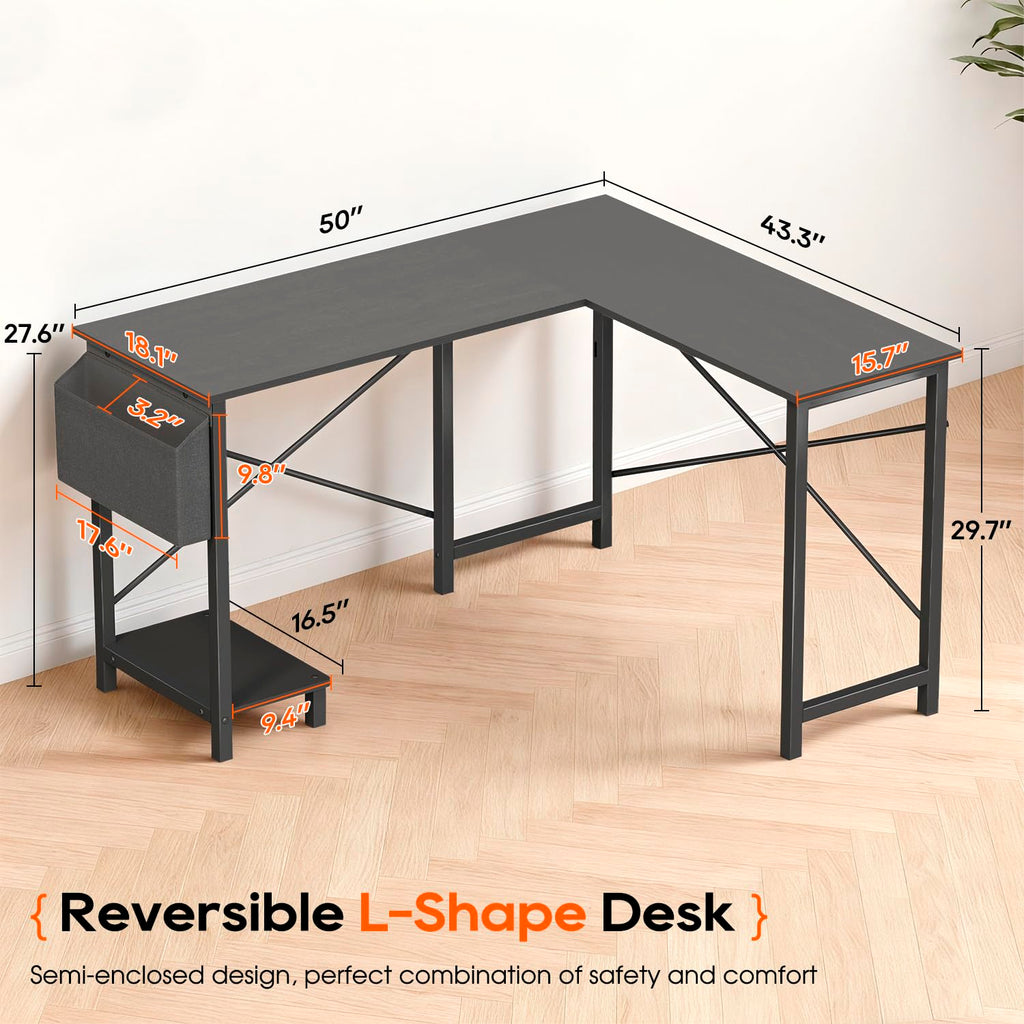50 Inch Black L-Shaped Desk with Side Storage Bag & CPU Stand H405803