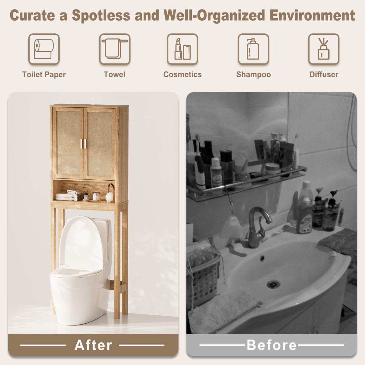 Over the Toilet Storage Cabinet with Rattan Doors G879153