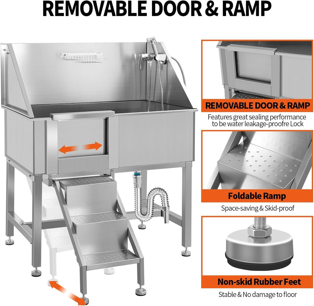 38" Stainless Steel Dog Grooming Tub with Anti-Slip Stairs I240