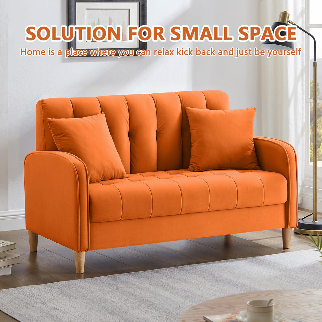 52" Orange Velvet 2 Seater Sofa with 2 Pillows A320887