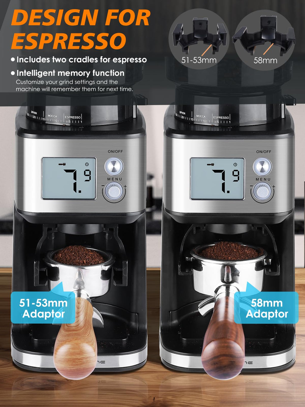 Conical Burr Espresso Coffee Grinder 51mm Stepless Electric F9588