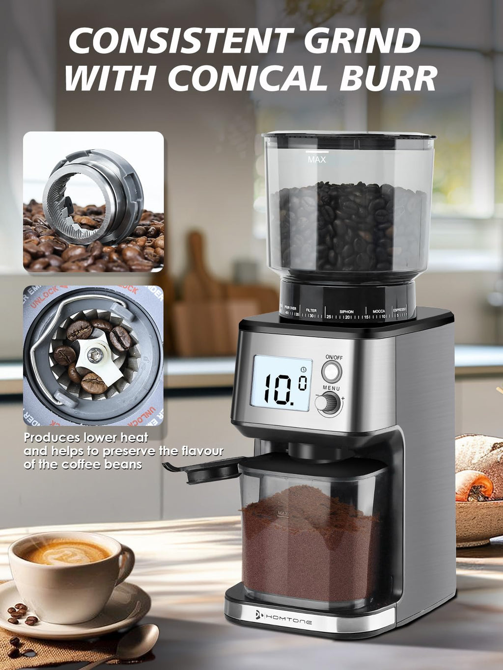 Conical Burr Espresso Coffee Grinder 51mm Stepless Electric F9588