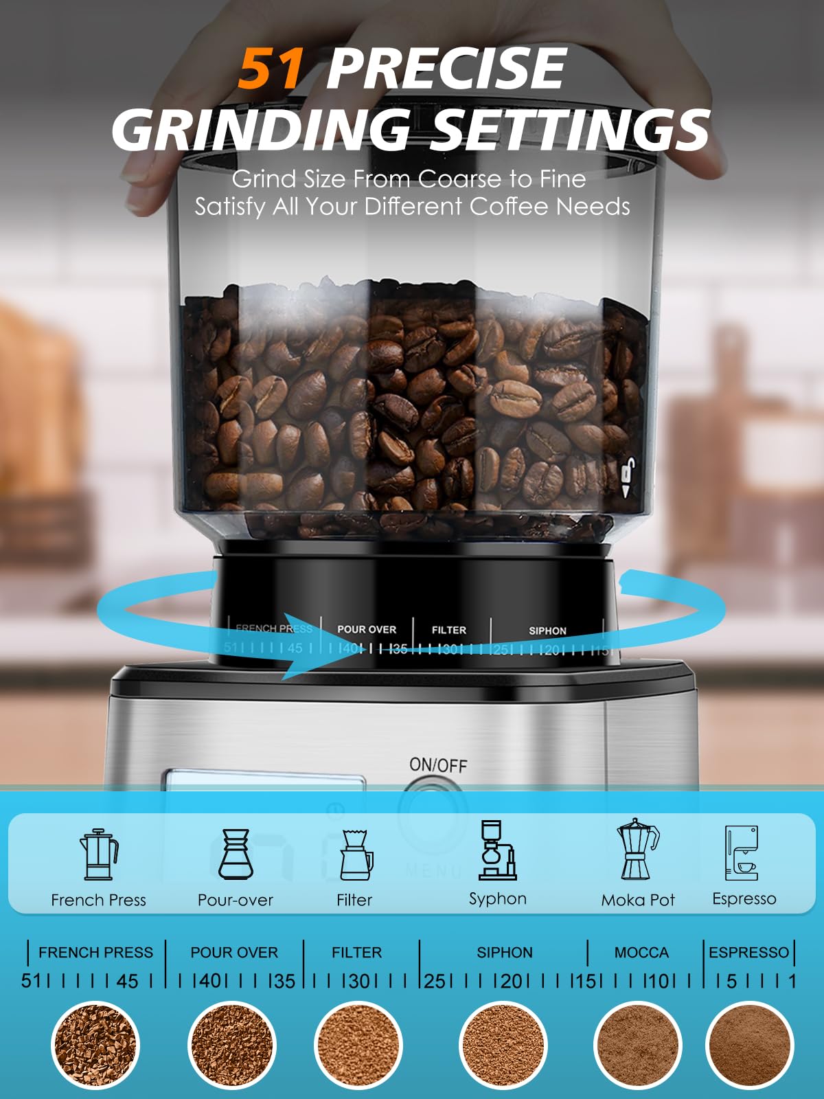 Conical Burr Espresso Coffee Grinder 51mm Stepless Electric F9588