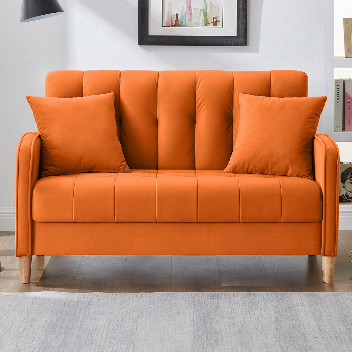 52" Orange Velvet 2 Seater Sofa with 2 Pillows A320887