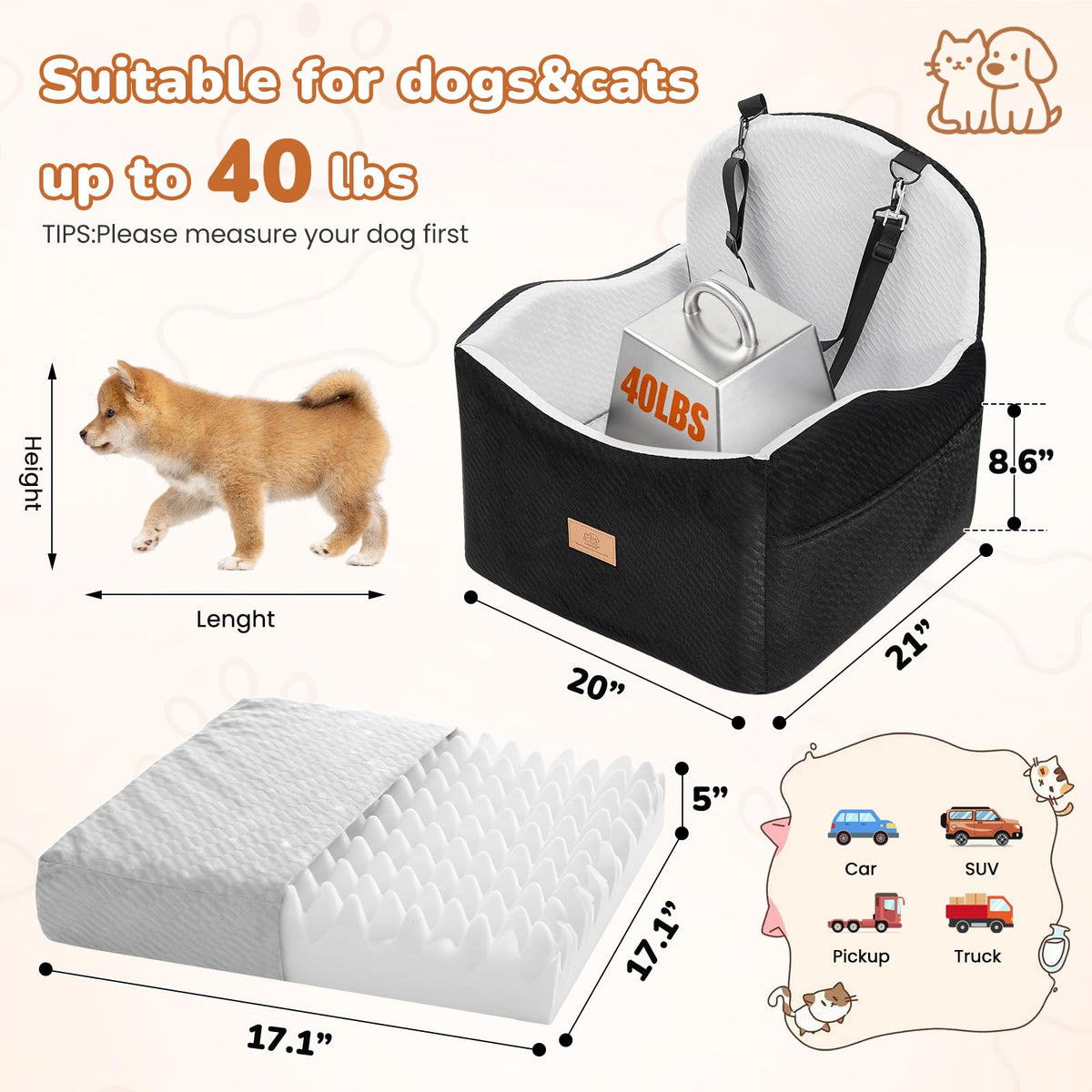 Dog Booster Car Seat for Small Dogs Up to 40lbs with Safety Belt V988
