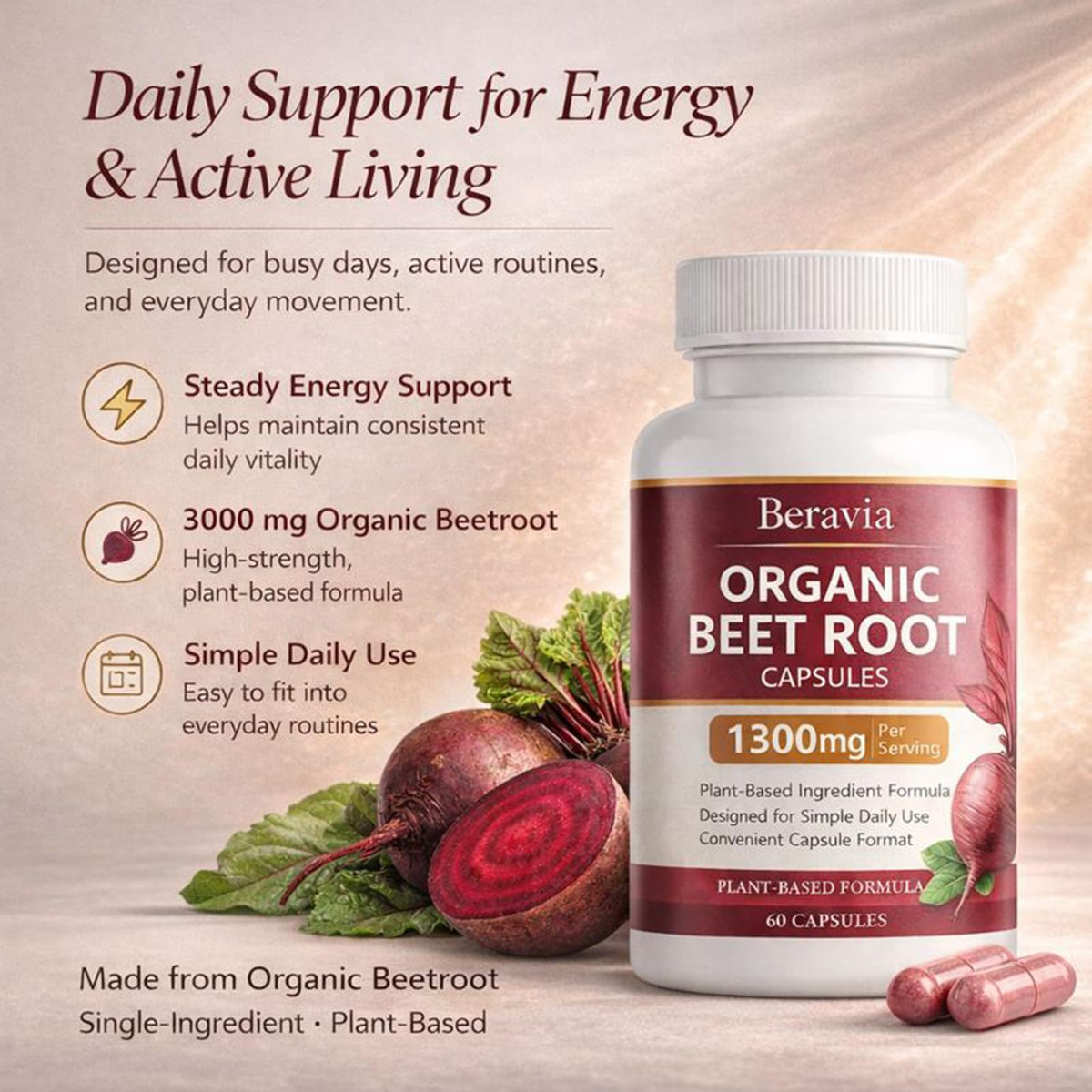 Organic Beet Root Capsules 1300 mg 60 Capsules P649