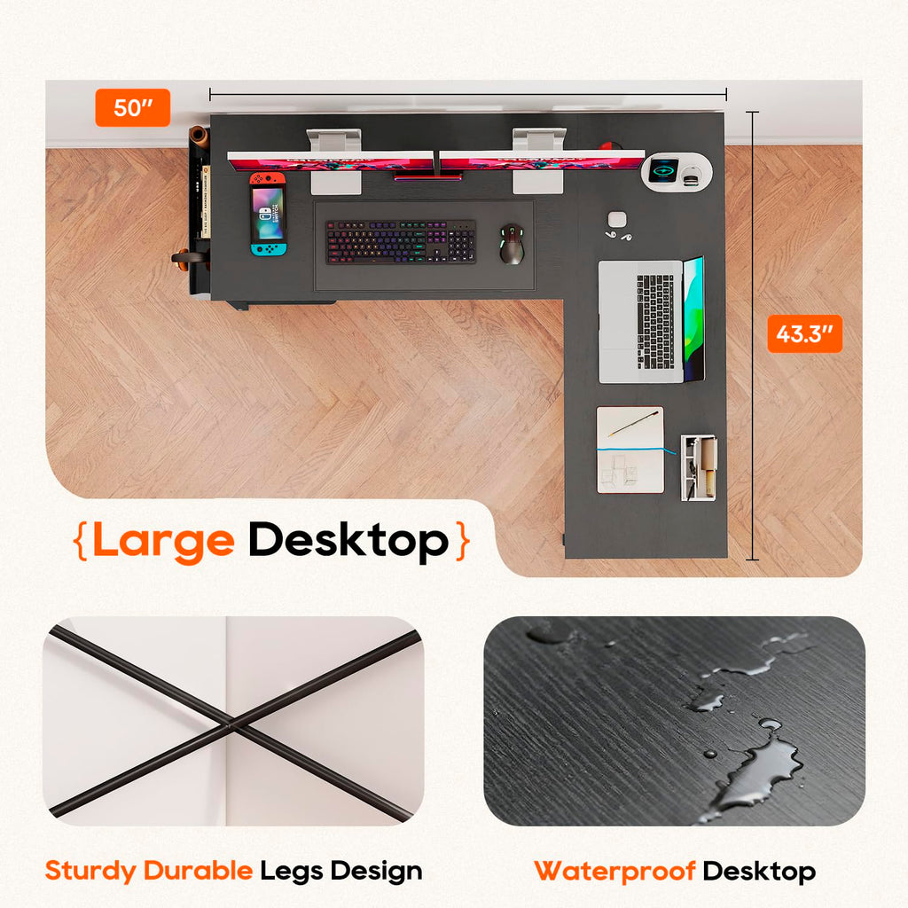 50 Inch Black L-Shaped Desk with Side Storage Bag & CPU Stand H405803