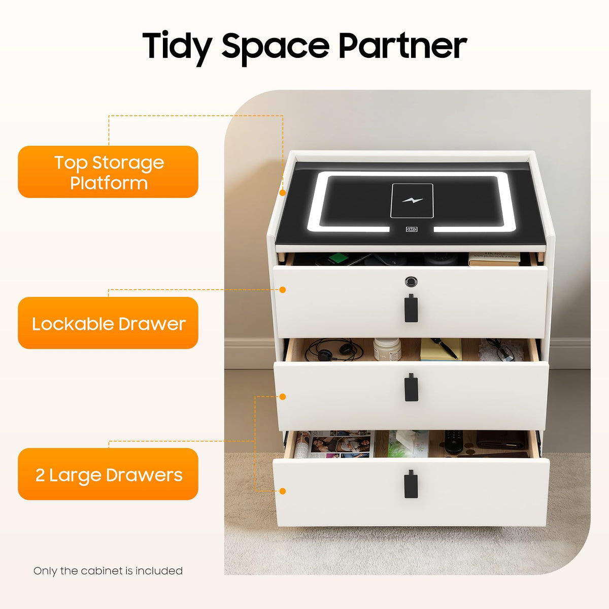 3 Drawers Nightstand with Fingerprint Lock and Wireless Charging I726779