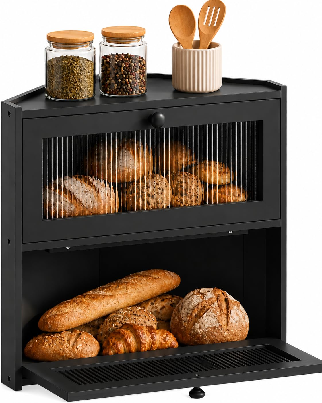 Double Layer Bamboo Bread Box with Wavy Windows A504