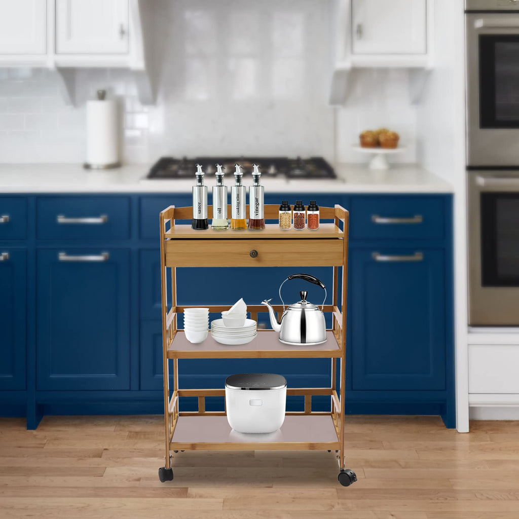 3-Tier Bamboo Rolling Kitchen Cart with Drawer B40749