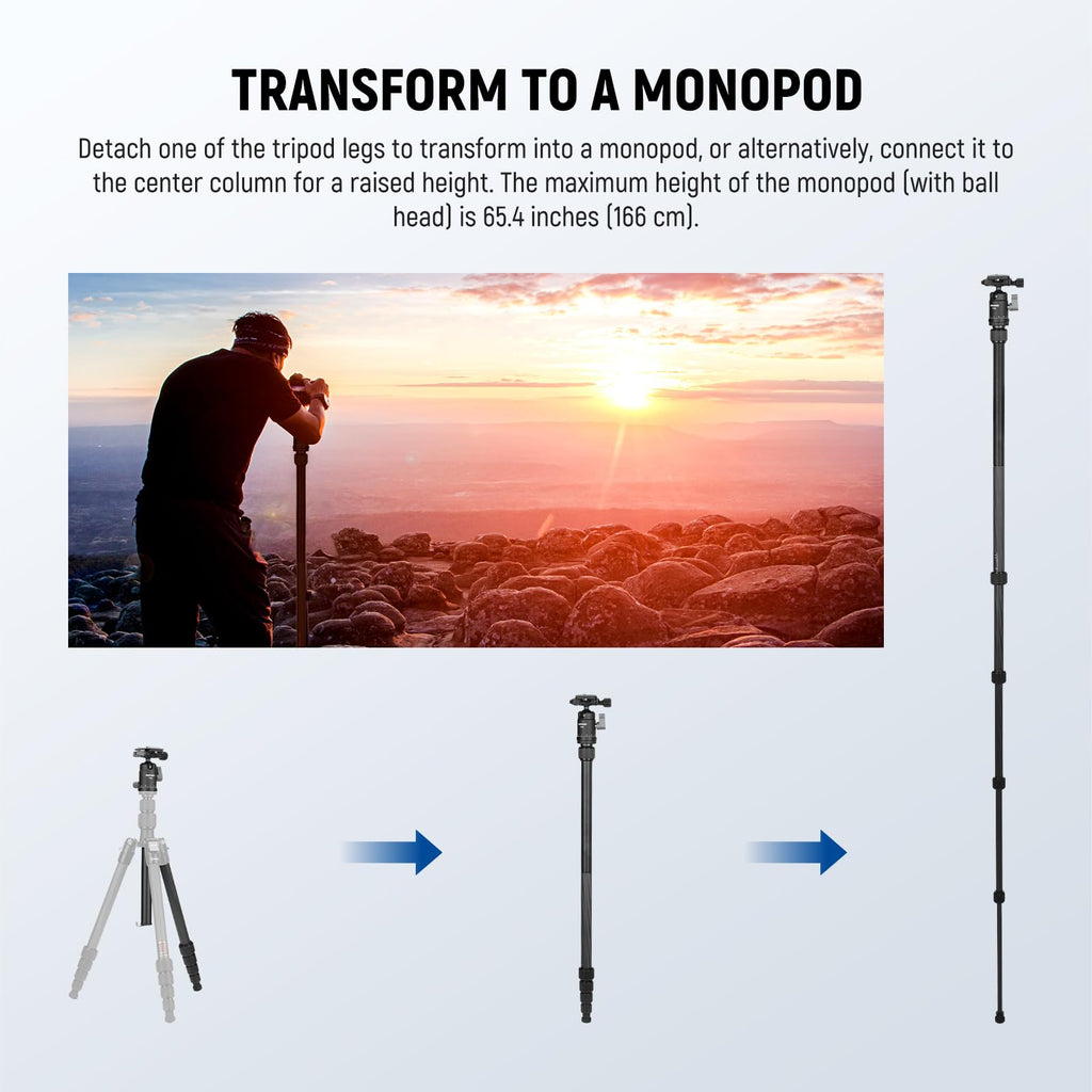 Carbon Fiber Camera Tripod Monopod 65" Lightweight Compact Travel DSLR Video Stand 360° Ball Head 13.2 lbs E963895