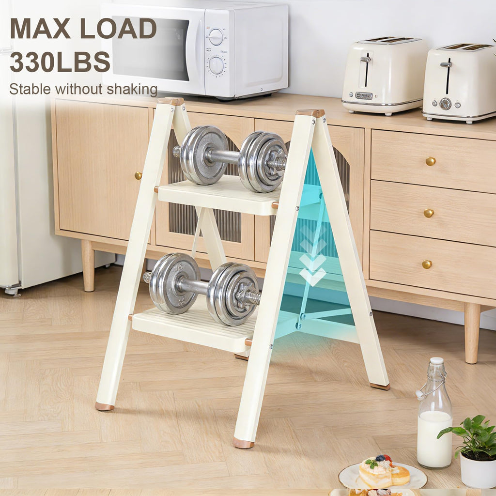 2 Step Ladder Folding Step Stool with Anti-Slip Pedal 330LBS Capacity Cream White A566152