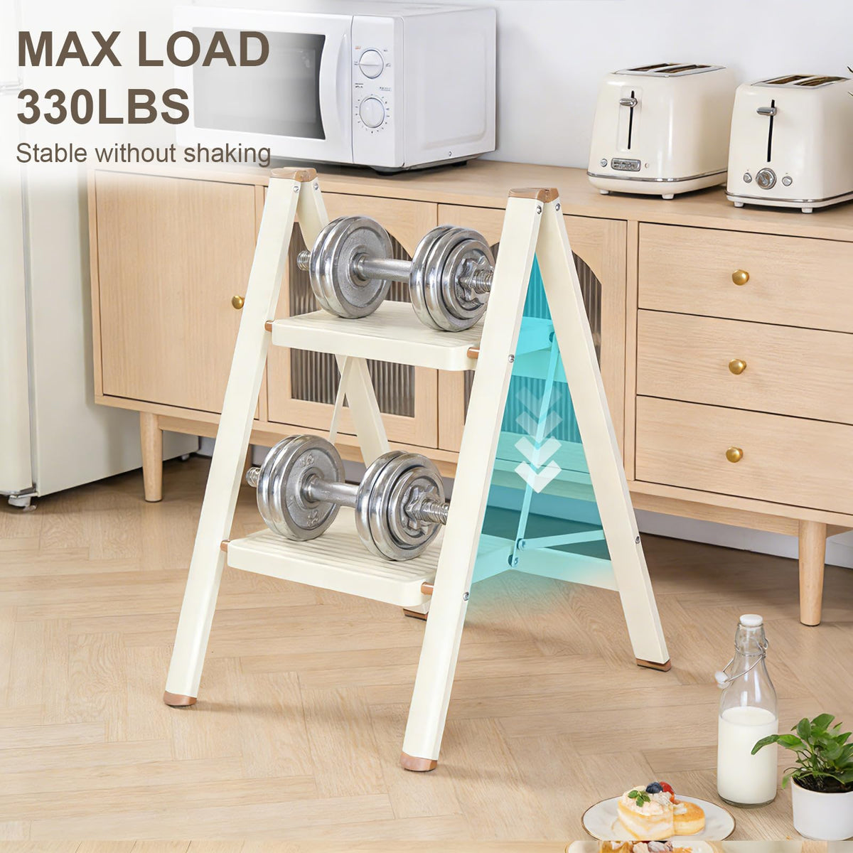 2 Step Ladder Folding Step Stool with Anti-Slip Pedal 330LBS Capacity Cream White A566152