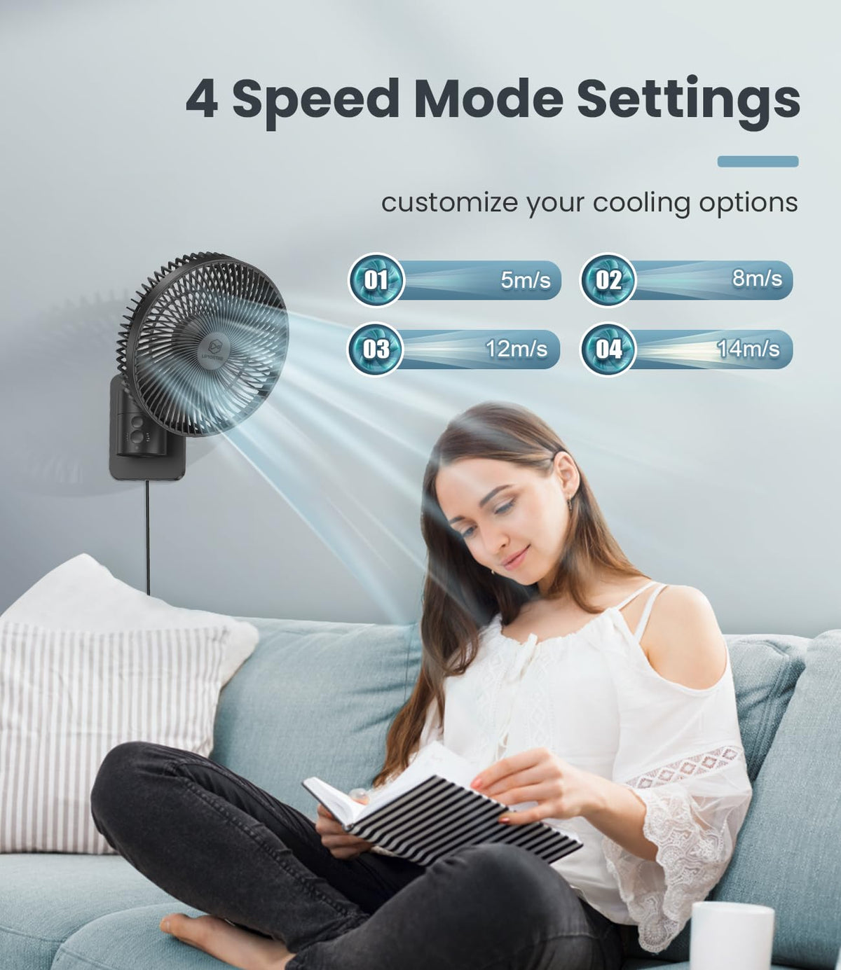 8 Inch Wall Mounted Fan with Remote Control, 4 Speeds, Black M7127