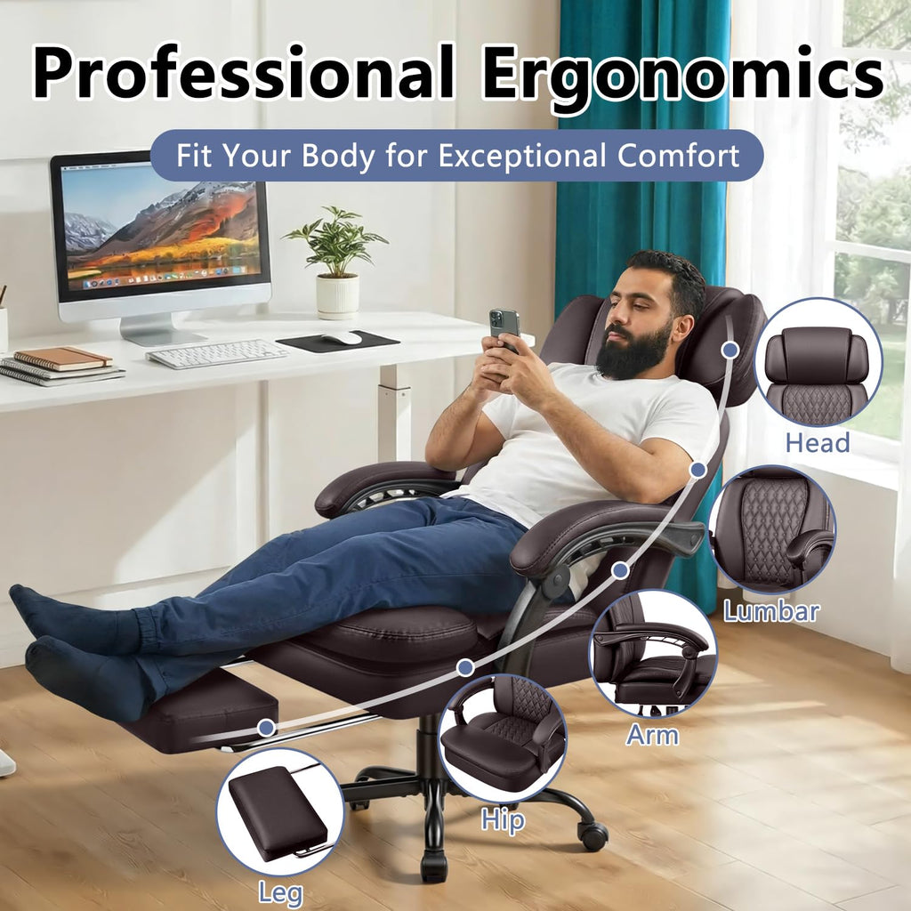 Brown High Back Ergonomic PU Leather Office Chair with Foot-Rest K2076