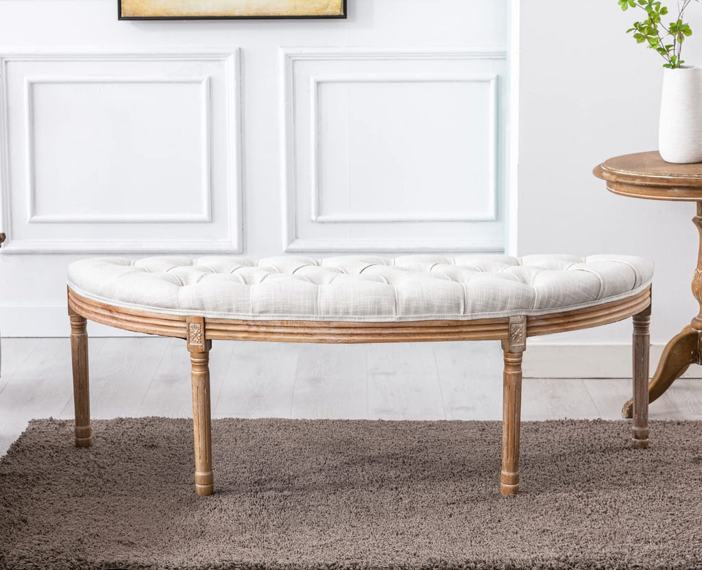 55" Upholstered Tufted Fabric Bench with Rubber Wood Legs, Beige U725