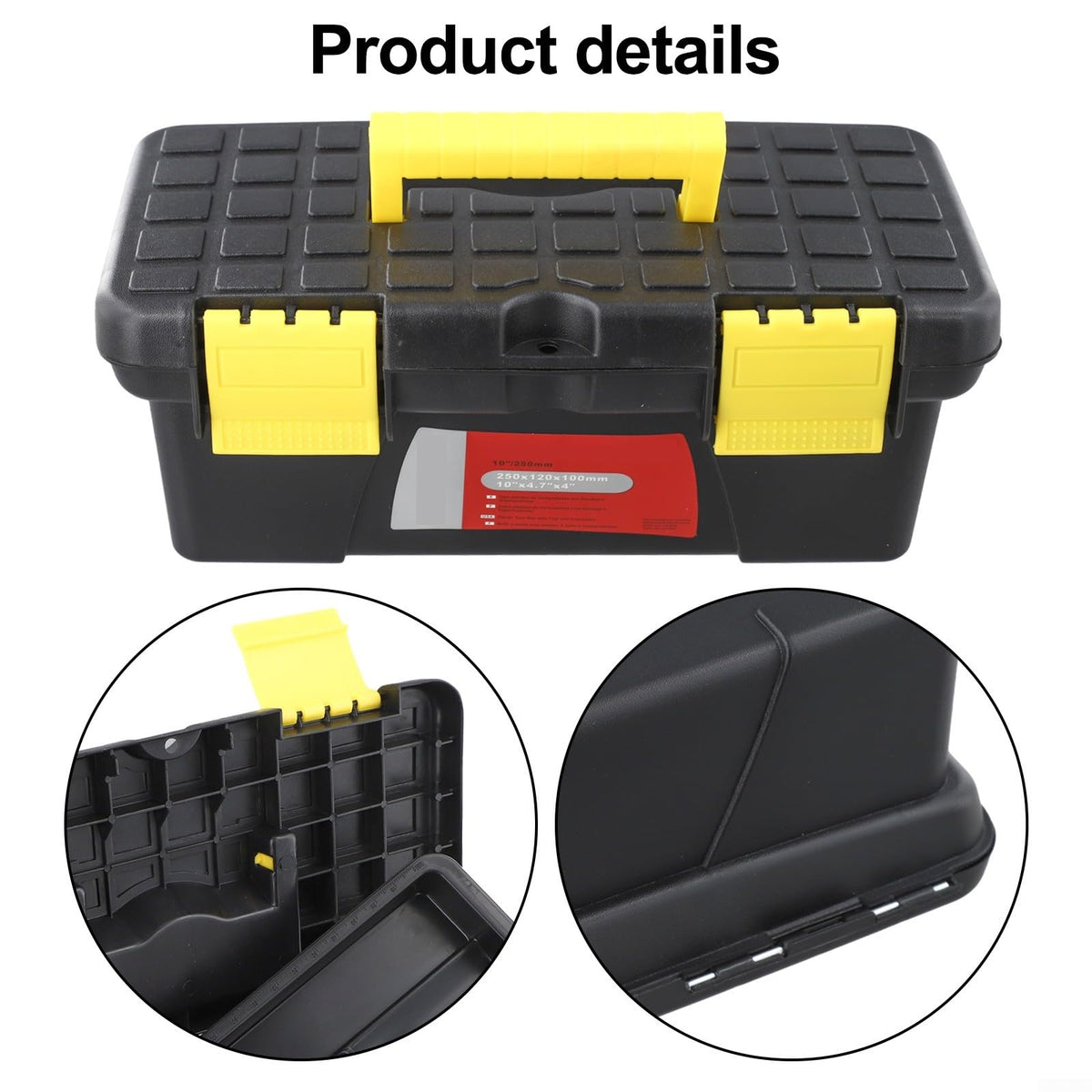 10 Inch Plastic Toolbox with Dual Layer Organization and Secure Latch, Black M1088