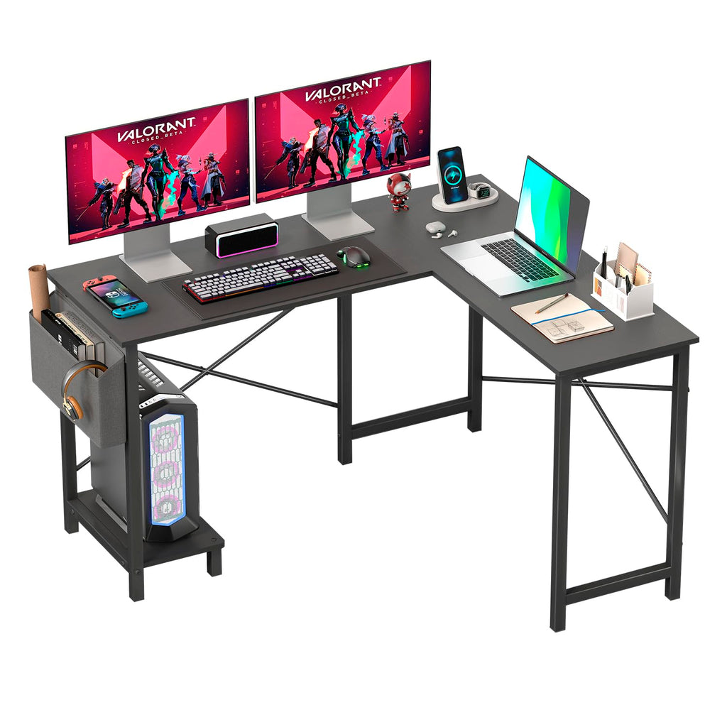 50 Inch Black L-Shaped Desk with Side Storage Bag & CPU Stand H405803