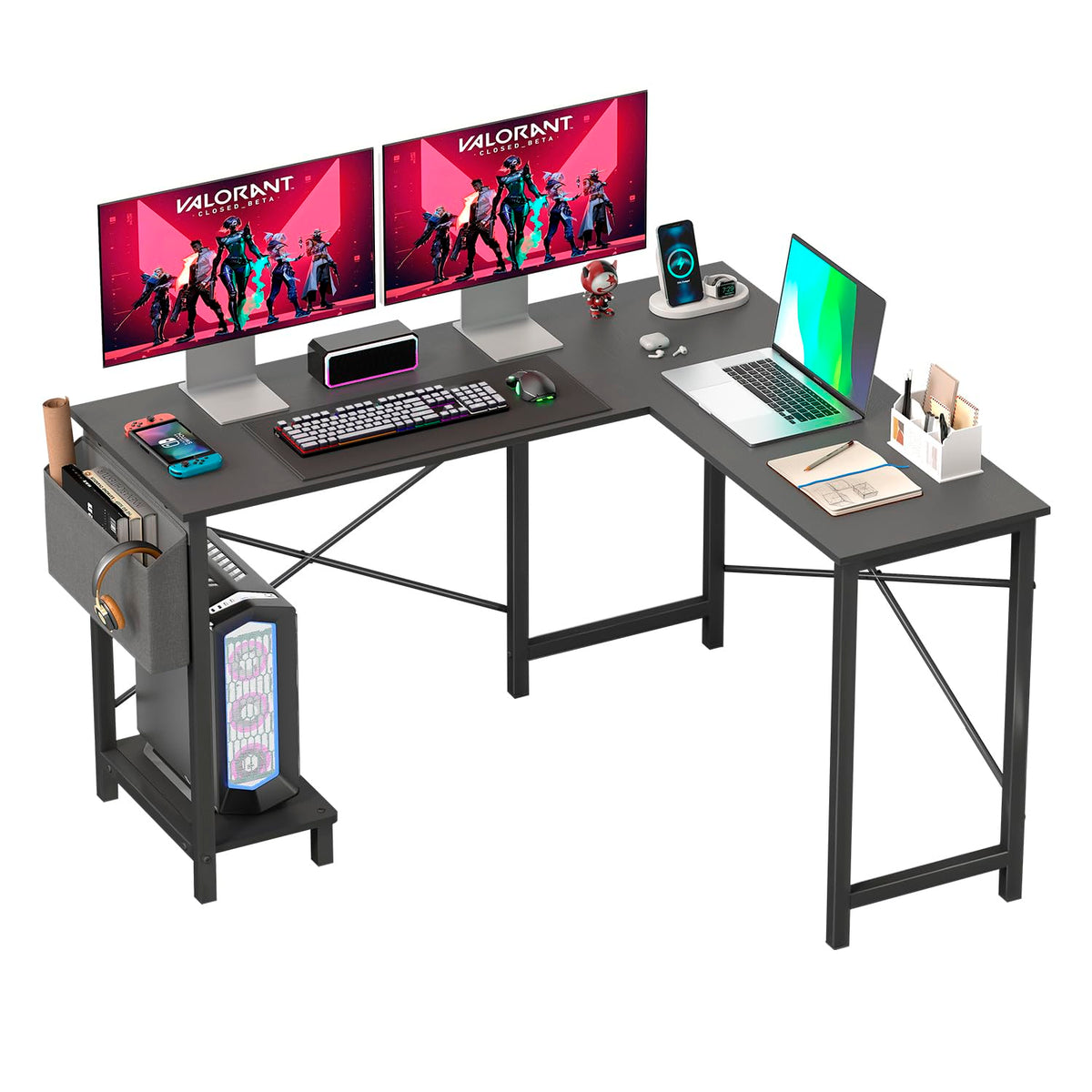 50 Inch Black L-Shaped Desk with Side Storage Bag & CPU Stand H405803