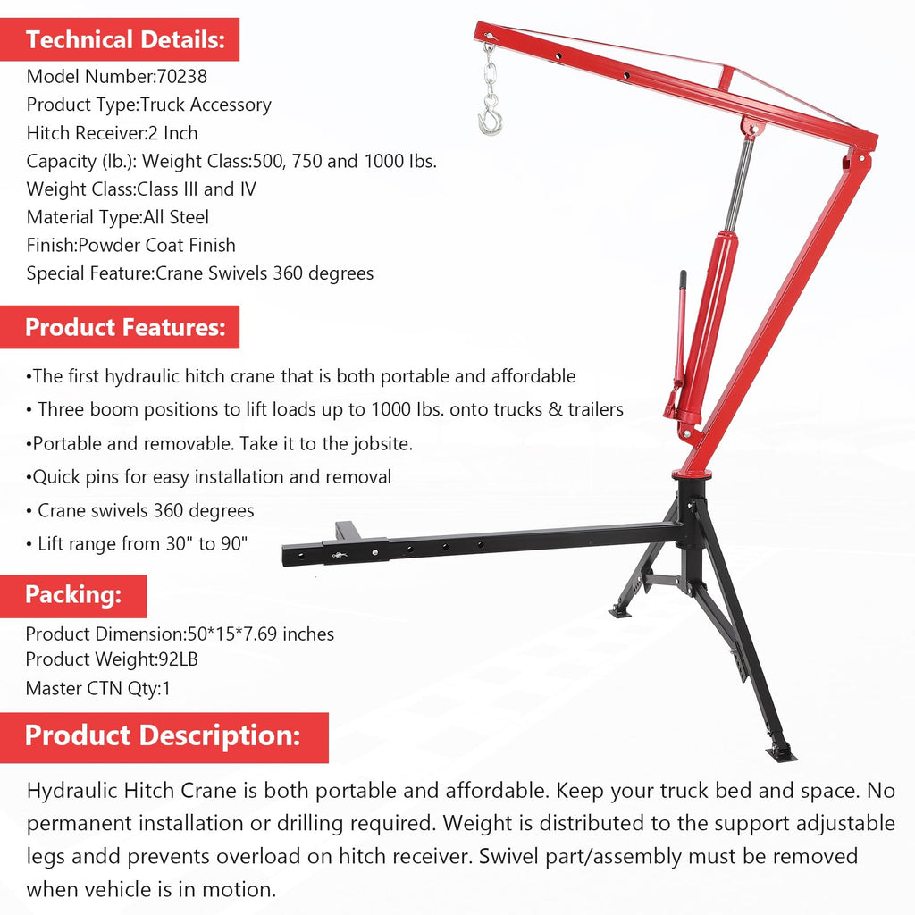 1000Lb Hydraulic Pickup Truck Crane with 360° Swivel T236176