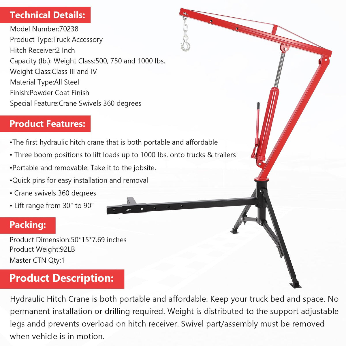 1000Lb Hydraulic Pickup Truck Crane with 360° Swivel T236176