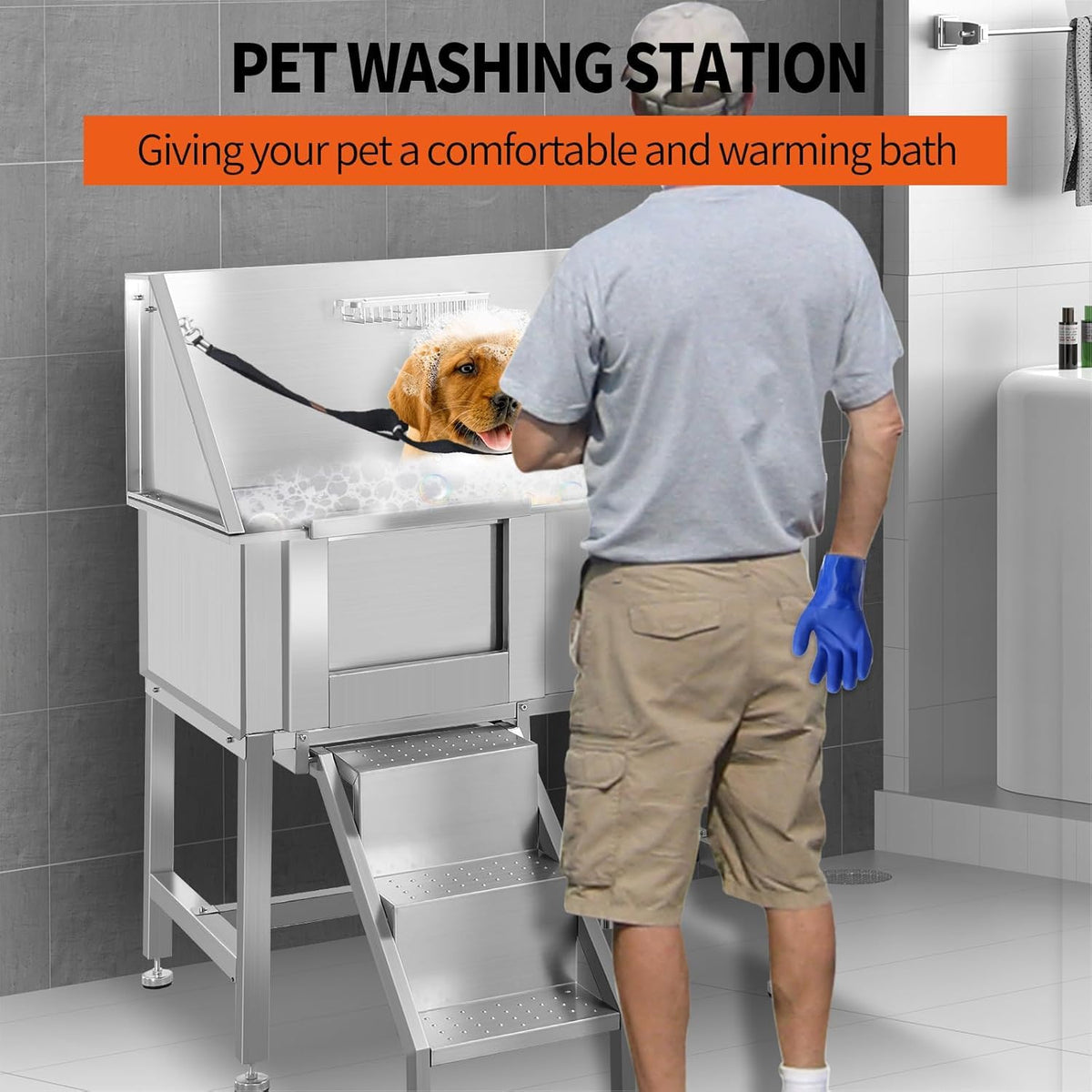 38" Stainless Steel Dog Grooming Tub with Anti-Slip Stairs I240