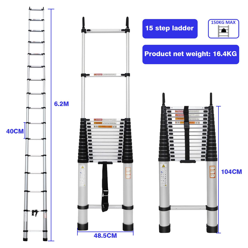 Aluminum Telescoping Ladder with Hooks, 20.3FT One Button Retraction 330lbs Capacity F2643