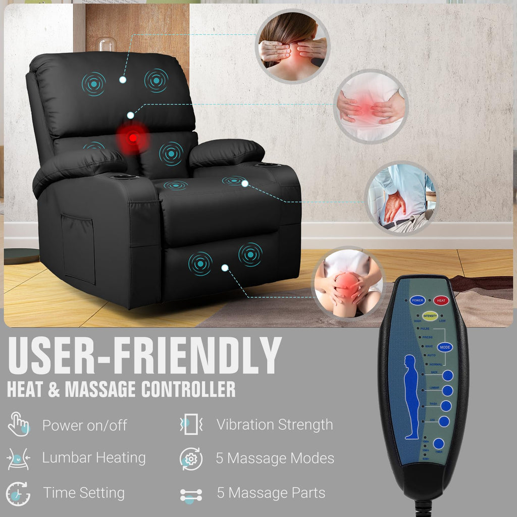 Black Faux Leather Massage Rocking Recliner Chair O885