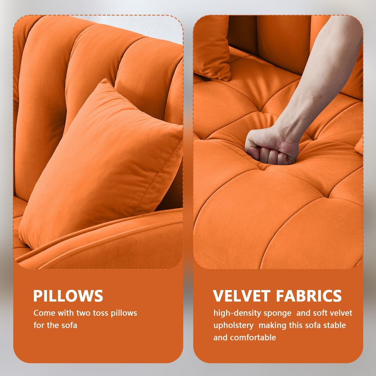 52" Orange Velvet 2 Seater Sofa with 2 Pillows A320887