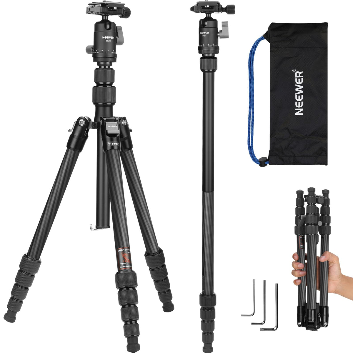 Carbon Fiber Camera Tripod Monopod 65" Lightweight Compact Travel DSLR Video Stand 360° Ball Head 13.2 lbs E963895