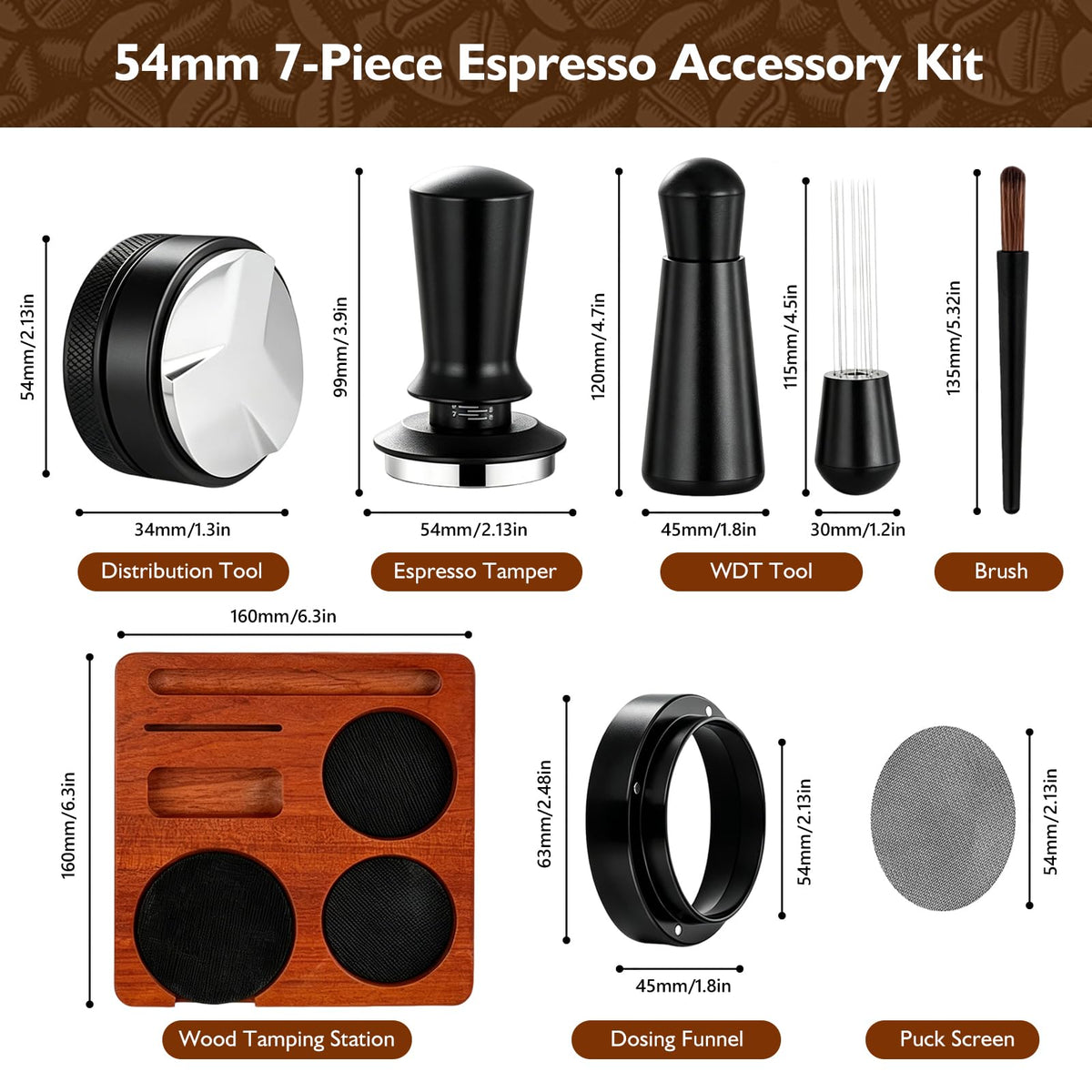 54mm 7Pcs Espresso Accessories Kit with Tamper, WDT Tool, Distributor, Puck Screen and Dosing Funnel F697722